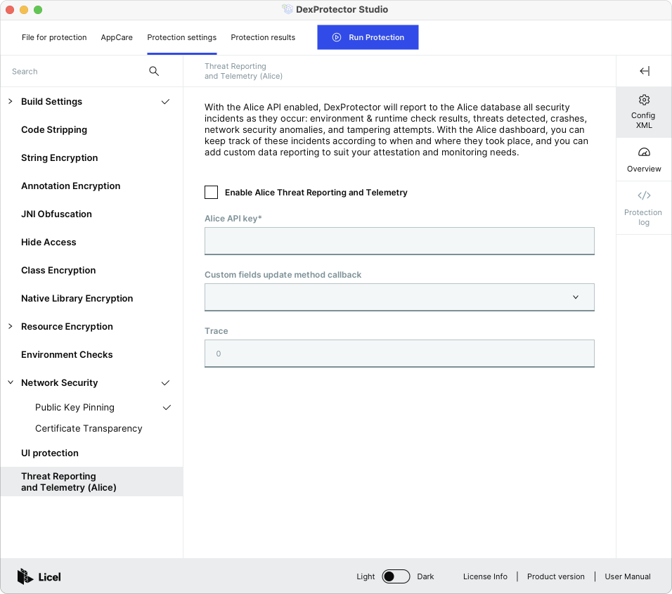 You can also enable Alice via DexProtector Studio by specifying your API key and, if desired, your custom method