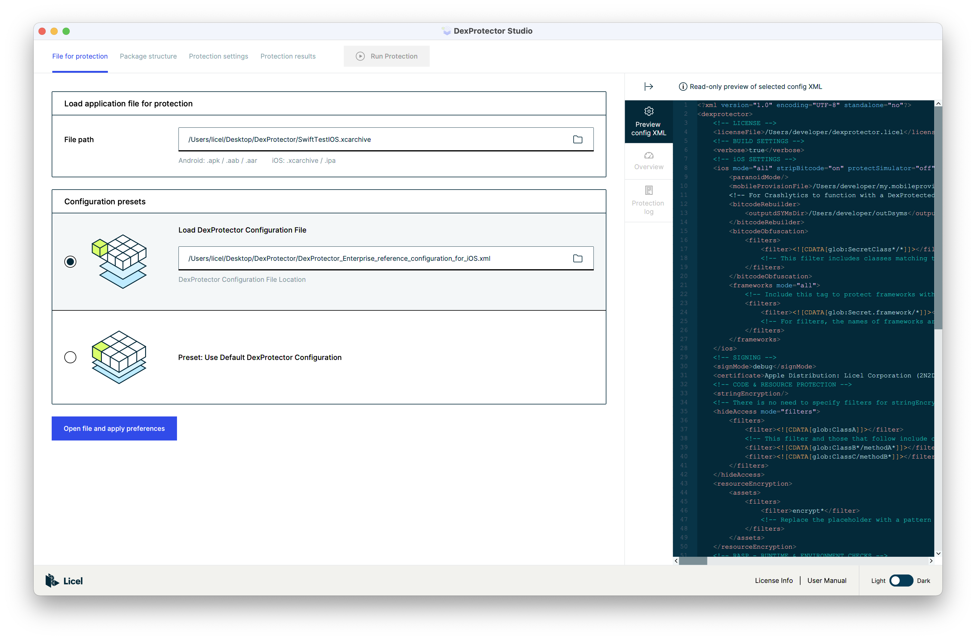 Studio: load file for protection, select configuration file