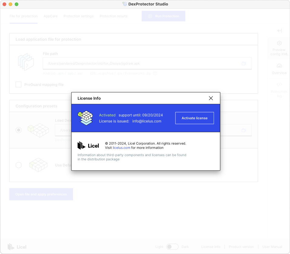 Studio License Info window showing license status activated