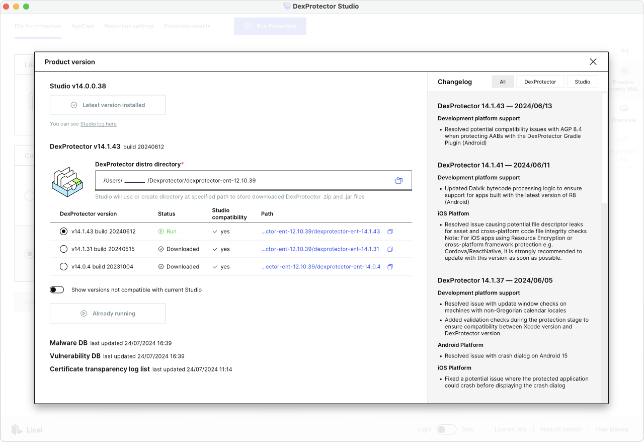 Specify the location of the DexProtector JAR in Studio under the Product version tab in the right corner of the bottom panel.